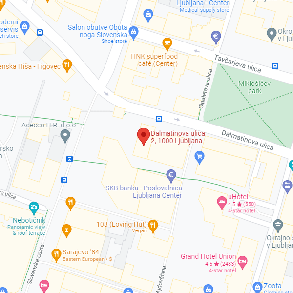 Zemljevid z lokacijo Službe za uveljavljanje pravic iz javnih sredstev CSD Ljubljana, na naslovu Dalmatinova ulica 2, 1000 Ljubljana